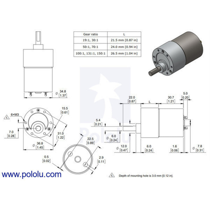 10:1 Metal Gearmotor 37Dx50L mm 12V (Helical Pinion)