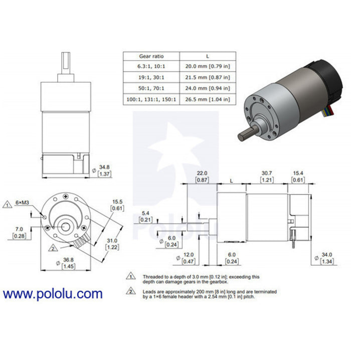 10:1 Metal Gearmotor 37Dx65L mm 24V with 64 CPR Encoder (Helical Pinion)