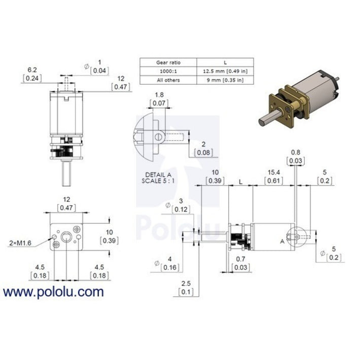 15:1 Micro Metal Gearmotor HPCB 6V with Extended Motor Shaft