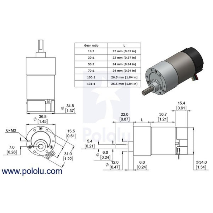 150:1 Metal Gearmotor 37Dx73L mm 24V with 64 CPR Encoder (Helical Pinion)