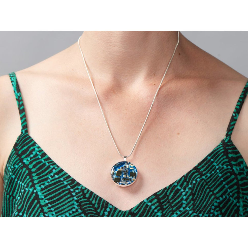 Blue Circuit Board Pendant Necklace with Silver Chain