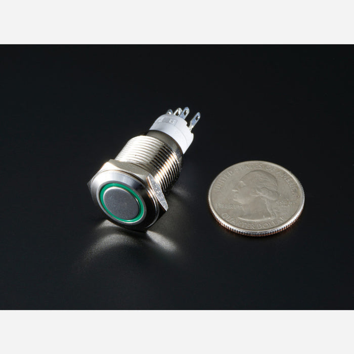 Weatherproof Metal Pushbutton with Green LED Ring [16mm Green Momentary]