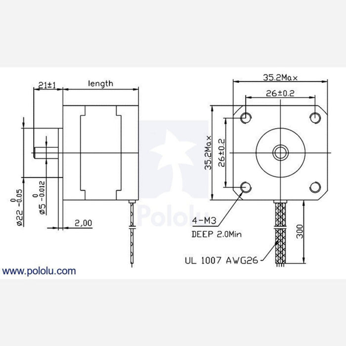 Stepper Motor: Bipolar, 200 Steps/Rev, 35x26mm, 7.4V, 0.28 A/Phase