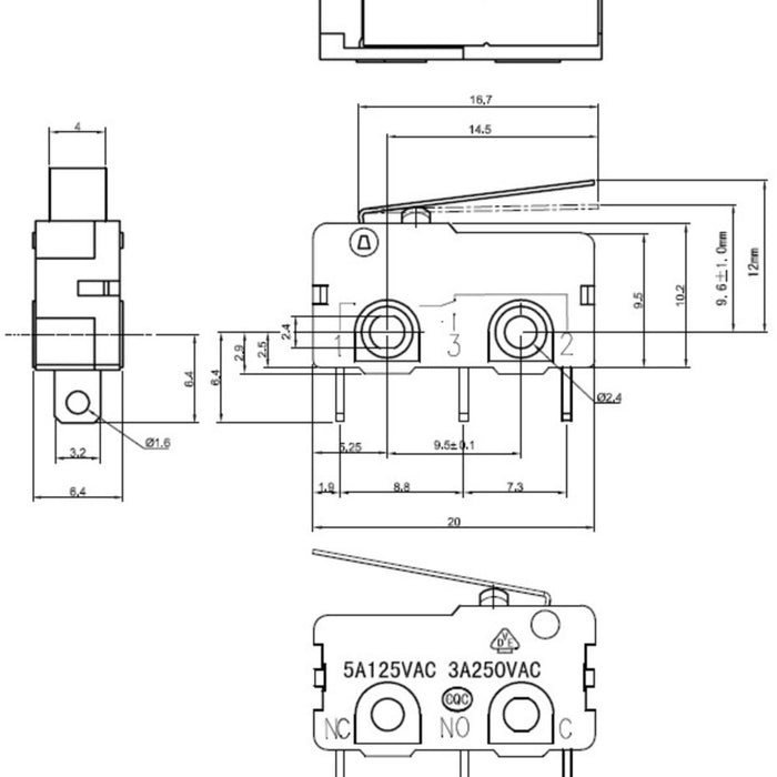 Snap-Action Switch with 16.7mm Lever: 3-Pin, SPDT, 5A