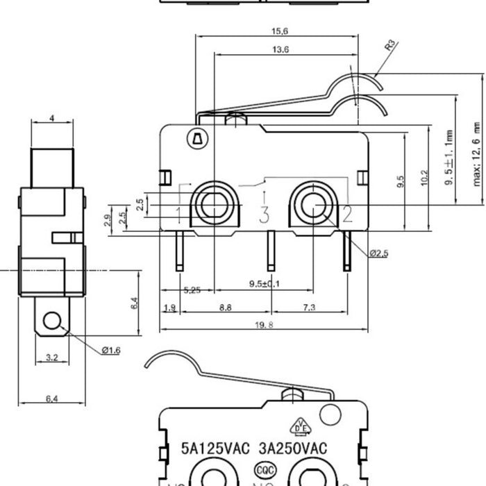 Snap-Action Switch with 15.6mm Bump Lever: 3-Pin, SPDT, 5A