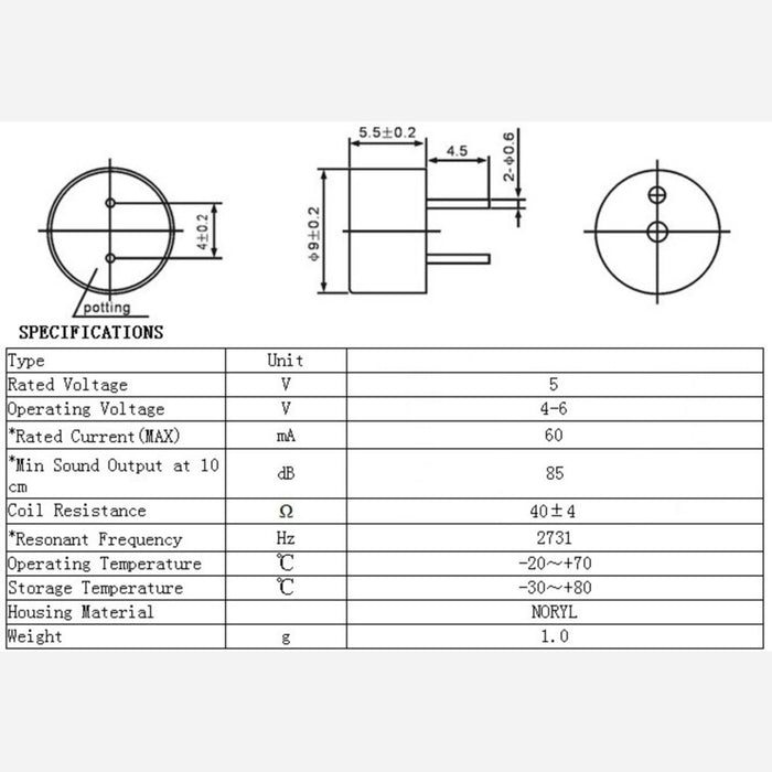 9mm Electromagnetic Buzzer: 40Ohm, 4-6V, Top Opening