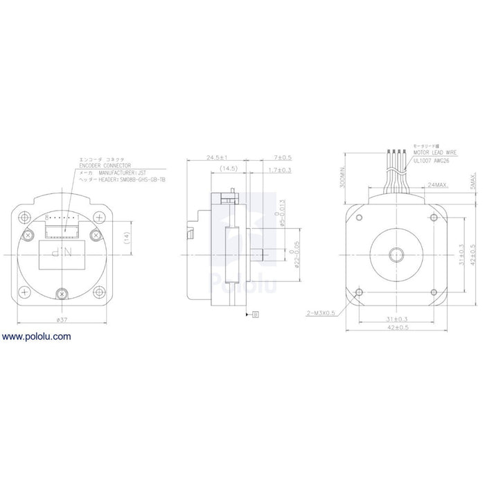 Sanyo Pancake Stepper Motor with Encoder: Bipolar, 200 Steps/Rev, 42x24.5mm, 3.5V, 1 A/Phase, 4000 CPR