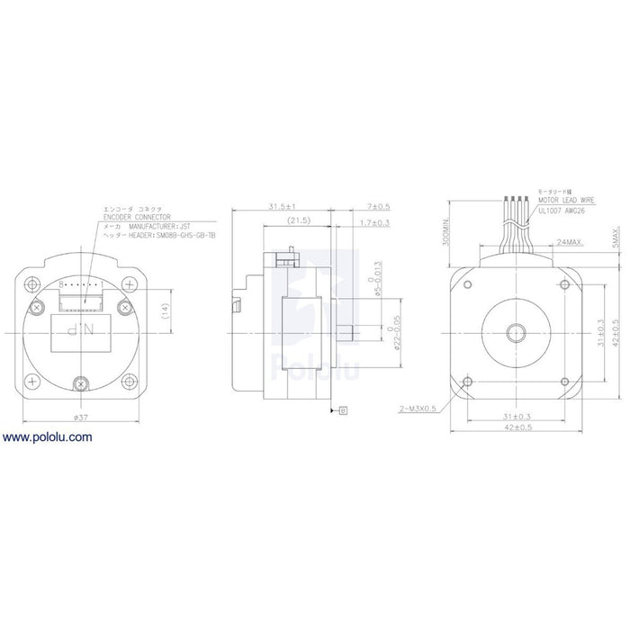 Sanyo Pancake Stepper Motor with Encoder: Bipolar, 200 Steps/Rev, 42x31.5mm, 5.4V, 1 A/Phase, 4000 CPR