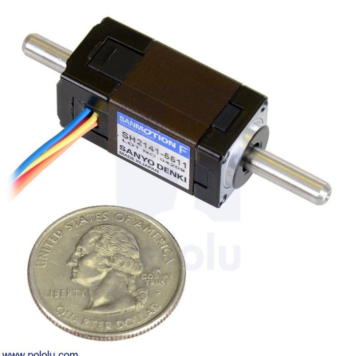 Sanyo Miniature Stepper Motor: Bipolar, 200 Steps/Rev, 14x30mm, 6.3V, 0.3 A/Phase, Double Shaft