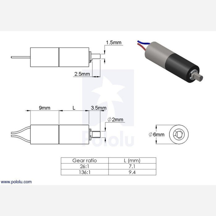 26:1 Sub-Micro Plastic Planetary Gearmotor 6Dx16L mm