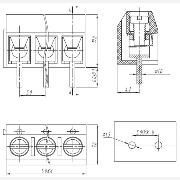 Screw Terminal Block: 3-Pin, 5 mm Pitch, Side Entry (4-Pack)