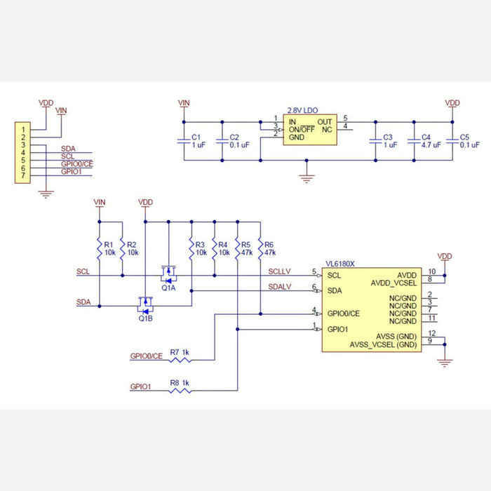 VL6180X Time-of-Flight Distance Sensor Carrier with Voltage Regulator, 60cm max