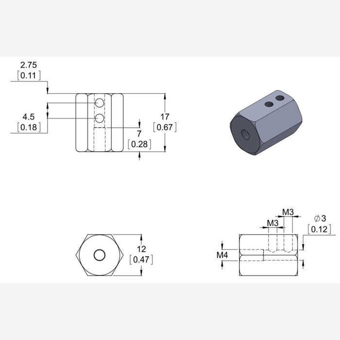 12mm Hex Wheel Adapter for 3mm Shaft (2-Pack)