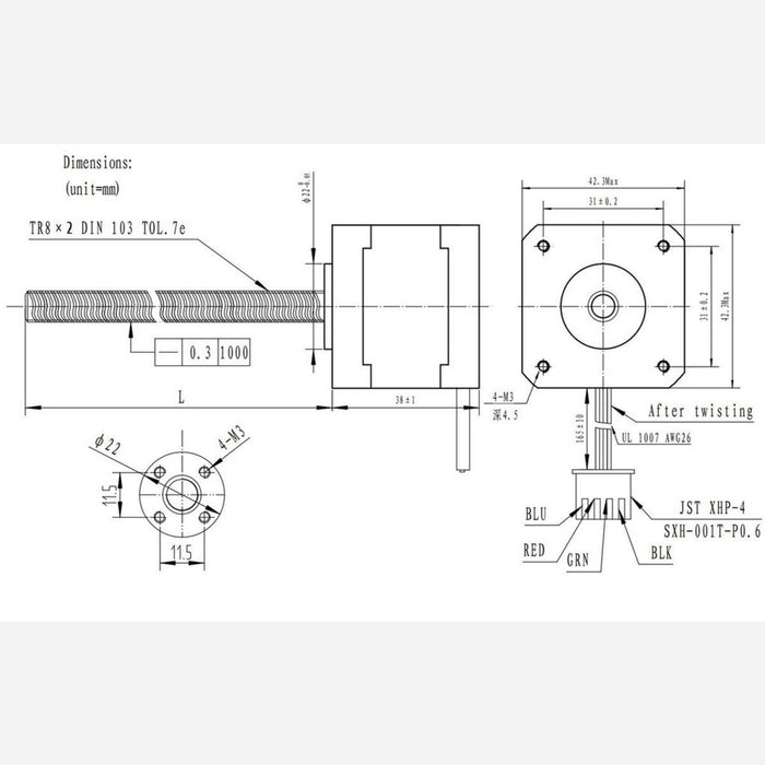 Stepper Motor with 18cm Lead Screw: Bipolar, 200 Steps/Rev, 42x38mm, 2.8V, 1.7 A/Phase