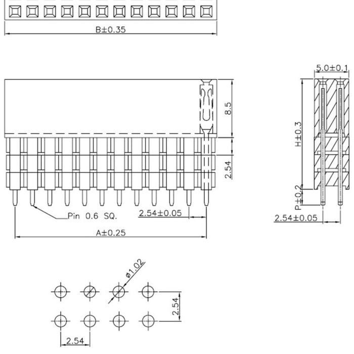 Stackable 0.100" Female Header with Extra 0.2" Spacer: 2x13-pin, Straight