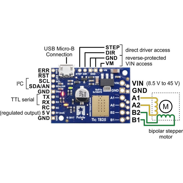 Tic T825 USB Multi-Interface Stepper Motor Controller (Connectors Soldered)