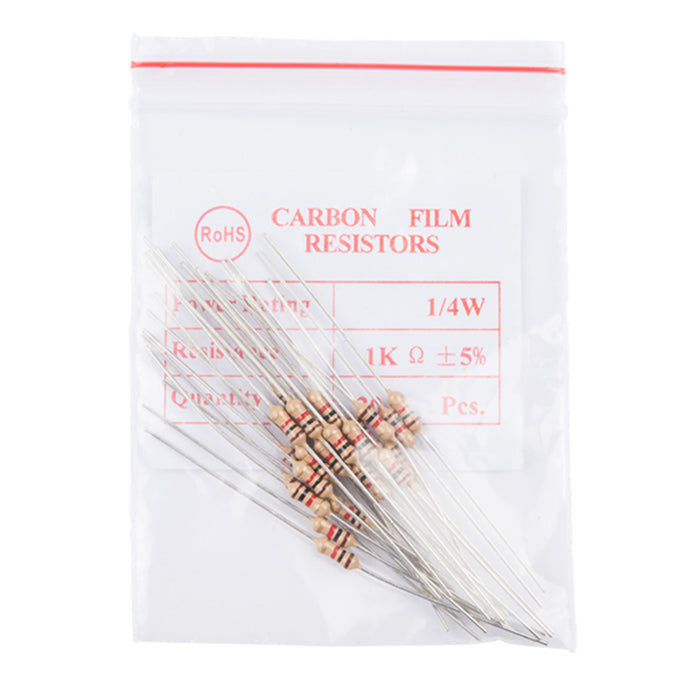 Resistor 1K Ohm 1/4 Watt PTH - 20 pack (Thick Leads)