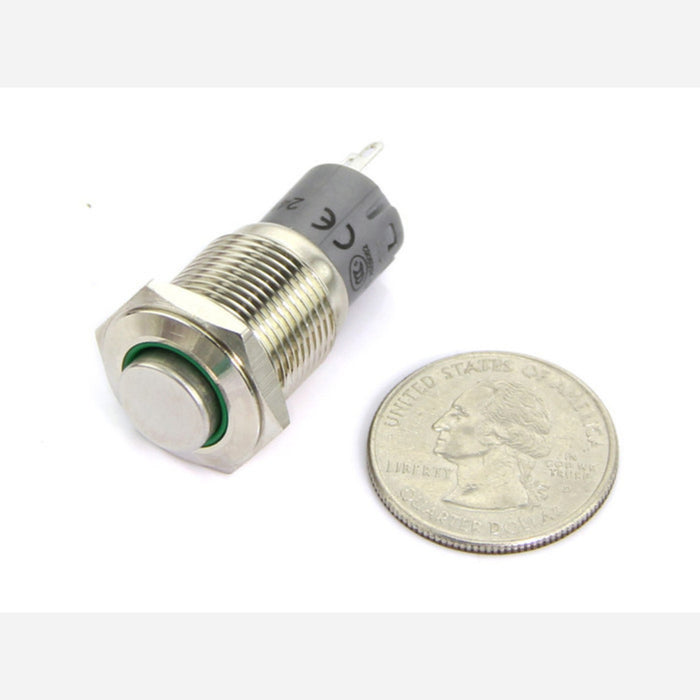 16mm Momentary Metal Illuminated Push Button - Green LED