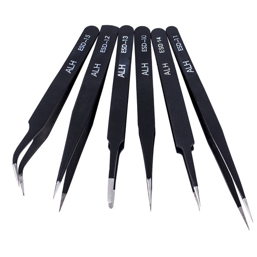 6Pcs ESD Anti-Static Stainless Steel Tweezers Set Maintenance Repair Tool Kit