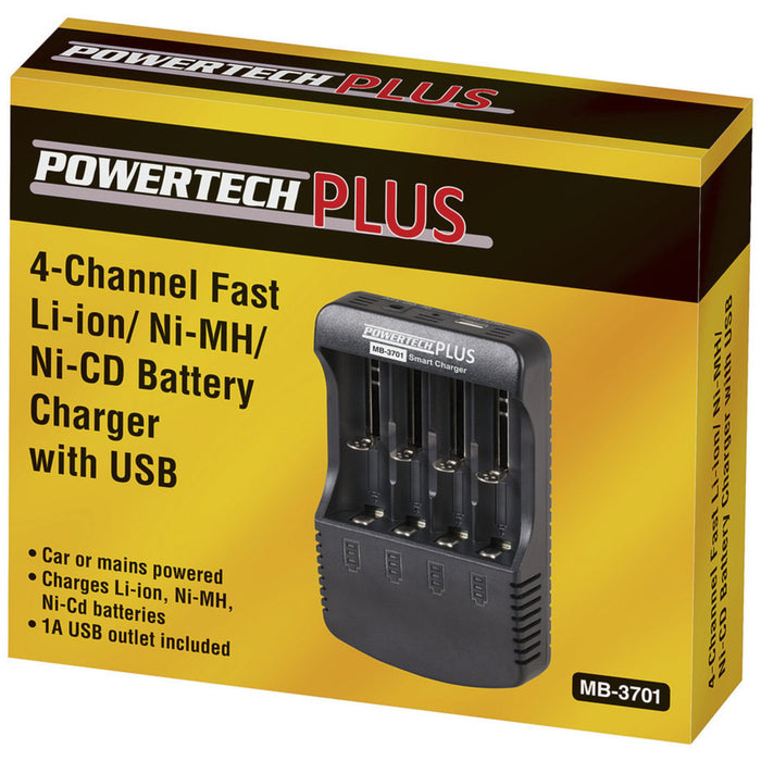 Universal Li-ion/Ni-Cd/Ni-MH Four channel battery charger with 1A USB output