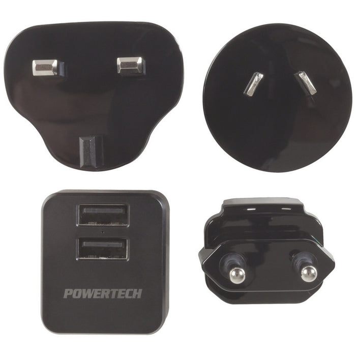 Dual USB Travel Mains Power Adaptor with interchangeable plugs