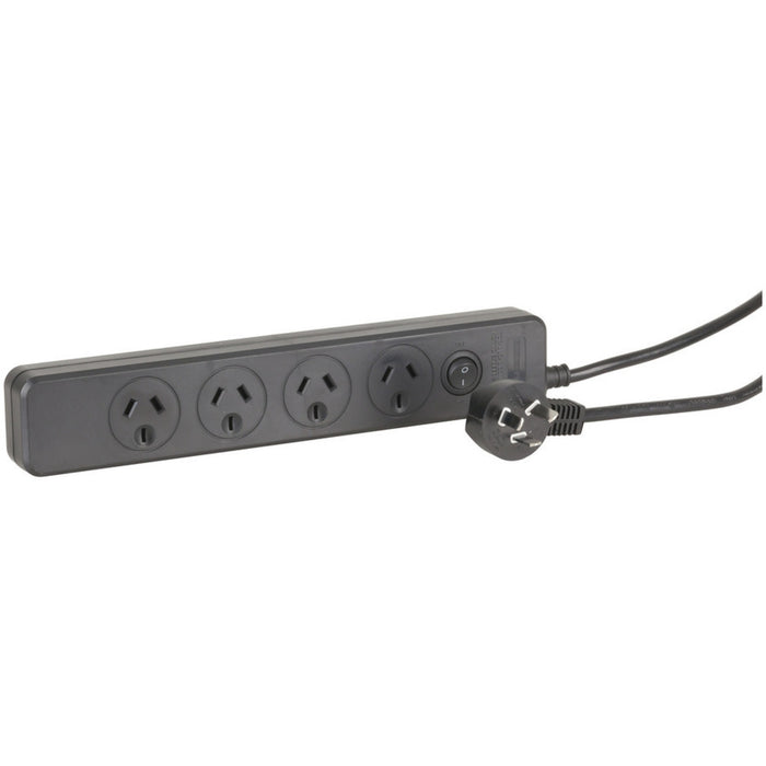 4 Way Black Powerboard with Filter/ Surge and Overload Protection