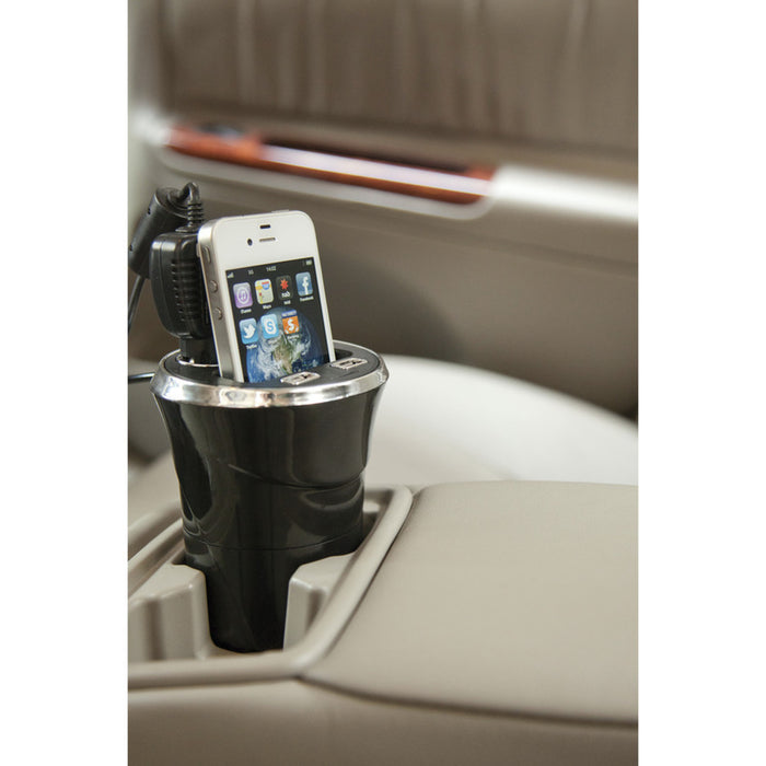 Cup Holder Power Extender with Phone Cradle and Dual USB Sockets