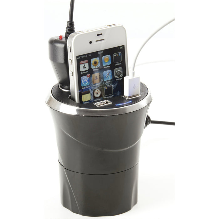 Cup Holder Power Extender with Phone Cradle and Dual USB Sockets