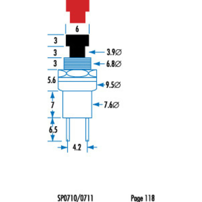 Red Miniature Pushbutton - SPST Momentary Action 125V 1A rating